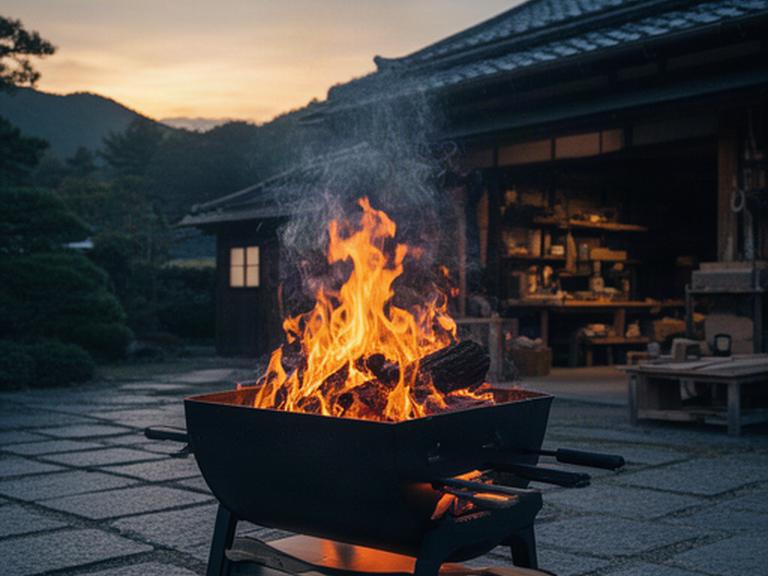京都の工房前で炭火グリルに炎が立ち上がる夕暮れの屋外調理風景