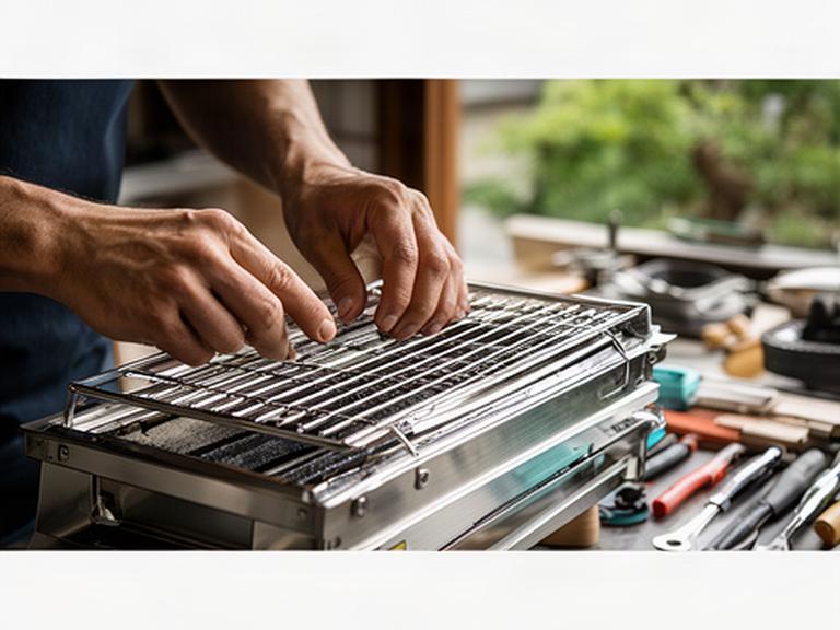 京都の屋外調理設備工房で金属製グリルを点検する職人の手元