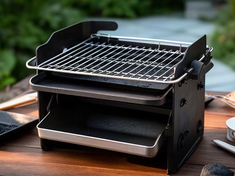 黒い鋳鉄製焼き網を備えた炎舞グリル、庭先のテーブルに置かれた状態