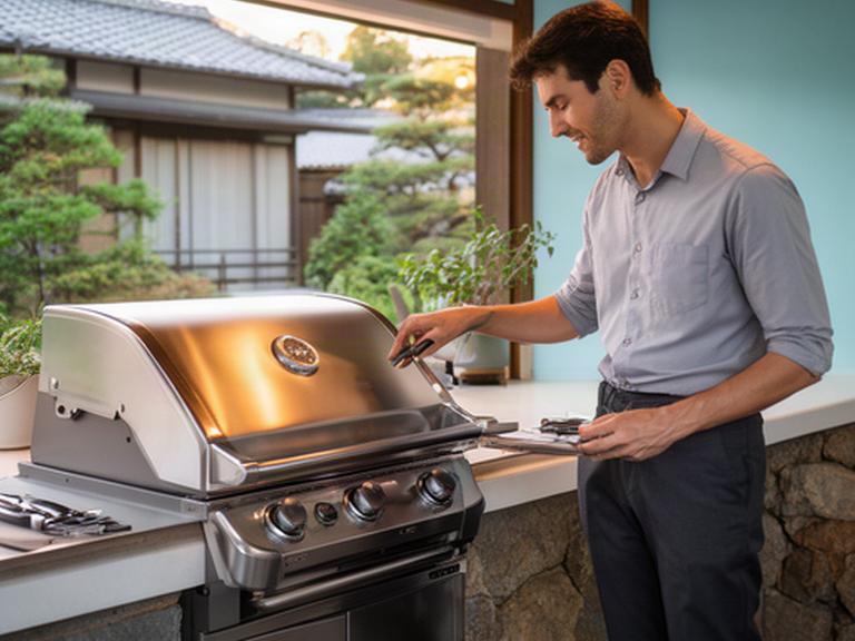 京都の屋外調理スペースでバーベキューグリルの仕様を確認する担当者