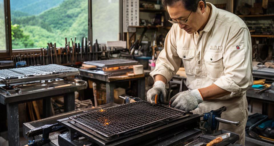 京都唐櫃越の工房で職人がグリルの金属部品を確認する作業風景