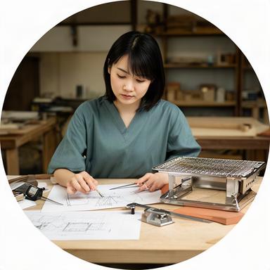 工房の設計机で図面を確認するデザイナー蓮見玲奈